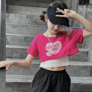Girls Summer Short Sleeve T-Shirt Set Children Short Style Dopaamine Six One Hip Hop Street Dance Performance Shoulder Baring Top
