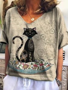 เสื้อยืดแขนสั้นพิมพ์ลายคอวีแฟชั่นสําหรับผู้หญิงสไตล์สตรีทคอกลมทรงสลิมฟิตความหนาปกติฤดูใบไม้ร่วง