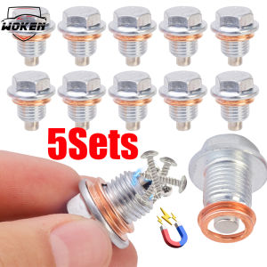 【WOKEN】5Sets Car Magnetic Oil Drain Screw Gaskets M12*1.25 Oil Pan Oil Drain Screw Gaskets Replaceable Accessories Suitable for Nissan Toyota Hyundai