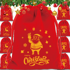 2/5Pcs Red Christmas Velvet Bags Candy Snack Gift Bag Drawstring Pouch Jewelry Packing Bag Xmas New Year Party Decoration