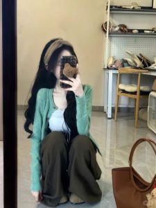 Retro Green Knitted Short Cardigan Womens Style Korean Slim Fit Solid Color Button Detailed Coat Asian Sizes Casual Female Teens