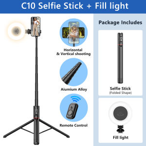 AXNEN | C10 Wireless Mobile Selfie Stick Multi-Functional Stable Tripod Stand with Light Remote 1.83m All-in-One Hidden for Live Stand
