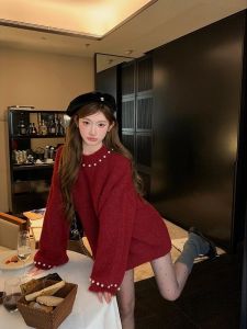 French Lazy Style Heavy Bead Soft Red Sweater Womens Autumn Winter Christmas Atmosphere Loose Top Knitted Long Sleeve round Neck