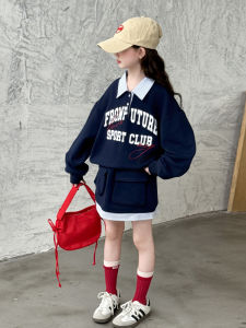 MPW | ชุดเด็กผู้หญิงฤดูใบไม้ผลิและฤดูใบไม้ร่วง สไตล์ใหม่ 2025 ลายตัวอักษรสีน้ำเงินเข้ม ชุดเด็กวัยกลางคนและโต ชุดลำลอง 2 ชิ้น