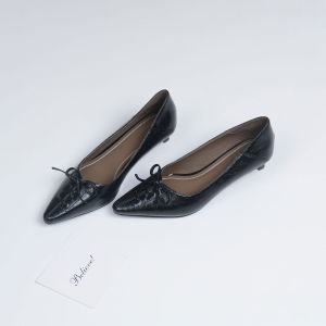 French Bow Square Toe Mid Heel Single Shoes Leather Soft Sole