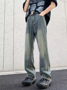 High Street Retro Washed Distressed Street Hole Denim Male Straight-leg Loose Easiest for Match Handsome Pants
