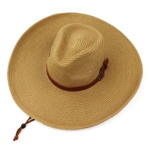 Mens Large Sun Hat Fishing Cap Straw Hat Windproof Beach Holiday Hat Casual Style round Top Big Brim Hat for Youth And Middle-aged