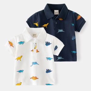 Cartoon Dinosaur Print Polo Shirt For Boys Pique Cotton