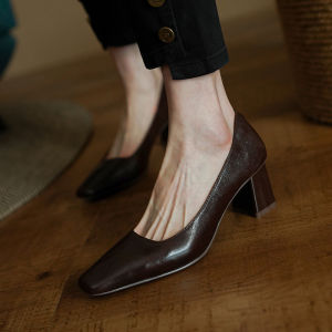นุ่ม หนัง รองเท้าส้นเตี้ยเดี่ยว ผู้หญิง ฤดูใบไม้ผลิ ฤดูใบไม้ร่วง สไตล์ใหม่ สีดำ รองเท้าส้นสูงสีน้ําตาลสบายแบบสวมย้อนยุค ดีไซน์