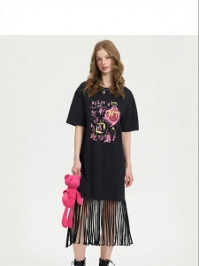 Stylish Print Fringe Hem Ladies Round Neck Short Sleeve Dress