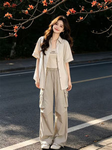 YINGKETUO | Petite Summer Working Outfit Set Shortsleeve Shirt and Wide Leg Pants
