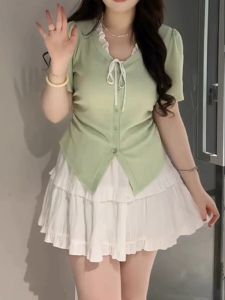 plus Size Womens Sweet Spicy V-Neck Ruffle Short Sleeve T-Shirt Summer New Design Korean Style Half Sleeve Top