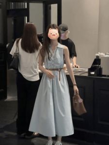 Summer High-End Feeling Casual Retro Sleeveless Dress Womens Elegant Waist-Tying Slimming Ruffled A-Line Midi Dress