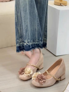 รองเท้าส้นหนาแบบสวมสไตล์ฝรั่งเศส รองเท้าส้นเดี่ยวแบบสวมสำหรับผู้หญิง พื้นยาง ฤดูใบไม้ผลิและฤดูร้อน รองเท้า Mary Janes สไตล์วินเทจ