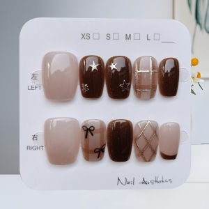 10Pcs Autumn and Winter Brown Series 3D Rhinestone Gilded Cats Eye Nail Art Stickers Press On Nails Temperament Fake Nail
