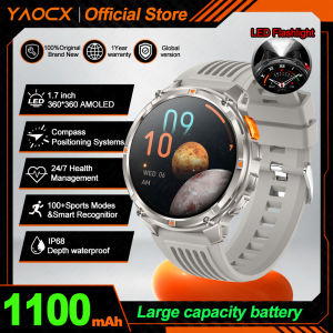 New Mens Outdoor Sports Smart Watch 1100mAh Battery Compass IP68 Waterproof LED Flashlight Voice assistant BT Call Smart Watch
