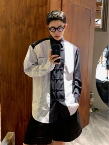 Fall and Winter Extra Large Size 150.00kg New Chinese Style Casual Buckle Patchwork Contrast Color Long Sleeves Shirt Mens Loose Top Wear