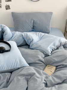 INS Japanese Style Minimalist Cloudy Blue Washed Cotton Four-Piece Set Pure Color Bed Sheets Quilt Cover Student Dormitory Three-Piece Set Fitted Sheet 4
