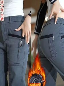 Mens Thickened Fleece Lined Straight Leg Casual Pants Autumn Winter Wear Resistant Trousers with Four Pockets Fashionable Long Trousers