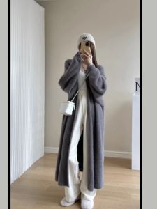 Idle Style New Mid-Length over the Knee Mink Sweater Outwear Womens Loose Autumn Winter Retro Knitting Cardigan Coat