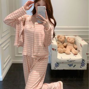 Bộ Đồ Ngủ Lông Cừu Hai Mặt Dài Tay Cho Nữ Bộ Đồ Mặc Nhà Gợi Cảm Mùa Thu Đông Bộ Ba Mảnh Có Đệm Ngực Quần Dài Cổ Chữ V