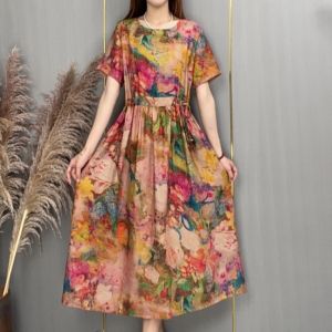 2024 New Arrival Elegant Artsy Loose Slim Fit Retro Womens Thin Waist Chinese Style Drawstring Silk Linen Dress 159