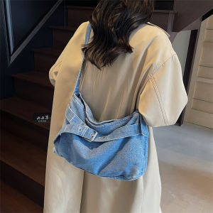 Retro Biker Buckle Large Capacity Canvas Shoulder Bag Womens Simple Tote Bag Casual Crossbody Bag Soft Zipper Closure Handbag