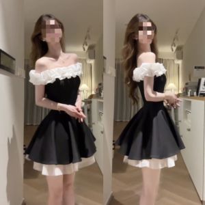 CHANGTONG | Korean Gentle Style Off-Shoulder Waist-Tied Flared Dress
