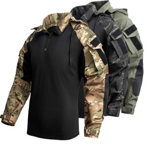 Mens Outdoor Tactical T-Shirts Camo Long Sleeve Climbing Hiking Shirts Hooded Male Tactic Army Combat Shirt Hunting Clothes