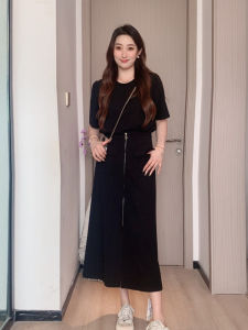 Black Slimming Zipper Dress for plus Size Women Fashionable Street Style High Waist A-Line Skirt Short Sleeve round Neck Dress