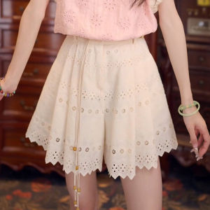 Shalldoer | French Vintage Set Womens Summer Design Sense Hook Flower Hollow Short Sleeve Shirt White Short Skirt Pants Two-Piece Set