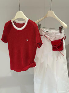 Red Knitted round Neck Short Sleeve T-Shirt Womens Summer New Style Unique Beautiful Top IDIQ Korean Loose Fit Polyester Blend