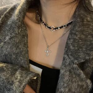 Trendy Double Layer Cross Necklace for Women Cool Sweet Style Woven Leather Bracelet Unique Lockbone Chain Fashion Jewelry