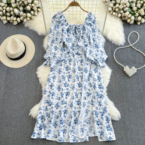 Mùa Xuân Mùa Thu Phong Cách Hàn Quốc Mềm Mại Cổ Vuông Dài Tay In Hoa Đầm Midi Thanh Lịch Cao Cấp Váy Chữ A