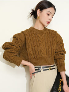 ย้อนยุค หนาขึ้น ฤดูหนาว เสื้อสวม ถัก เสื้อสเวตเตอร์ เสื้อครอป หลวม ผู้หญิง คาร์ดิเกน ลำลอง คอกลมแขนยาวสบายสไตล์พื้นฐาน