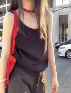 สีเทาเข้ม ดีไซน์ ถักเปลือย Sensual เสื้อกั๊ก ผู้หญิง ฤดูร้อน ลำลอง พรางหุ่น เสื้อไม่มีแขนเผ็ด เสื้อท่อนบน เสื้อแจ๊กเก็ตสไตล์สลิงสีบริสุทธิ์