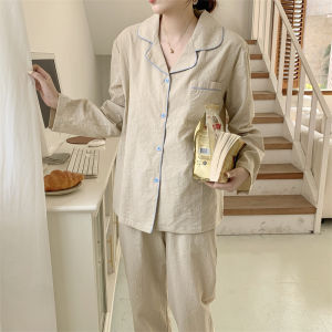 Fall Long Sleeves Striped Suit K-style Ins Pure Cotton and Linen Pajamas Womens Minimalist Casual Thin Two-Piece Suit Homewear