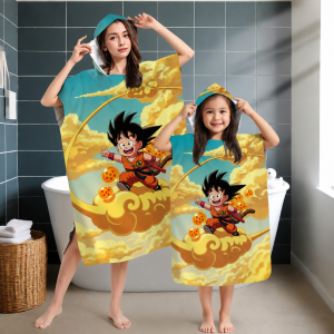 Bandai | Dragon Ball Kid Goku Hooded Bath Towel Kinto Un Cloud Parent-Child Microfiber Quick Dry Poncho for Kids Swim Beach