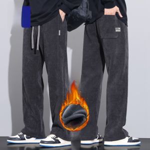 ROMON | Lormen Mens Fleece Lined Corduroy Pants Winter Straight Leg Sweatpants Casual Loose Fit Long Trousers Anti-Wrinkle