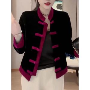 Fashionable Velvet Shirt Womens Long Sleeve Stand Collar Slim Fit Stylish Autumn Winter Top Coat Button Detail Regular Sleeve