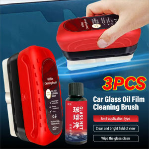 3PCS Car Glass Oil Film Remover Glass Polishing Compound Powerful Cleaner Car Glass Sponge Cleaning Brush Windshield Clear Window Stain Wiping Auto Cleaning Tool