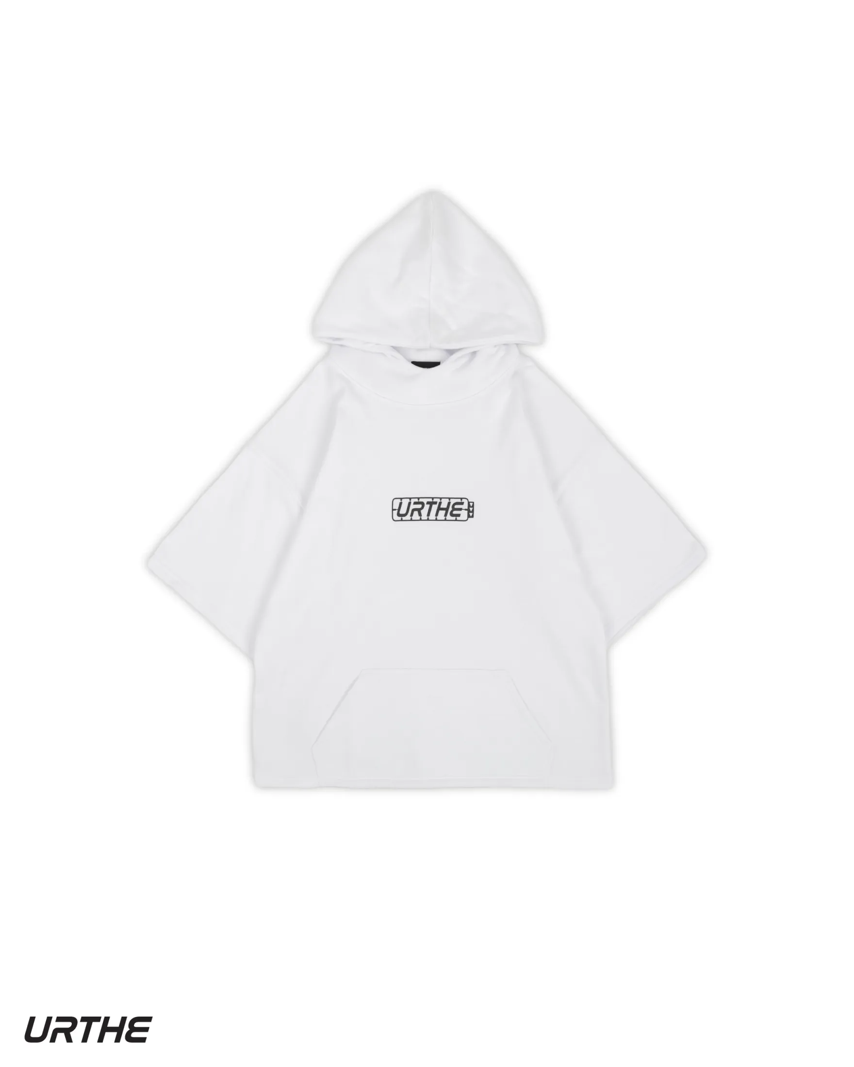URTHE - เสื้อฮู้ด แขนสั้น OVERSIZE สกรีนลาย รุ่น THE PART HOODIE สีดำ สีขาว สีม่วง สีน้ำตาล
