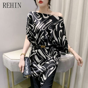 REHIN Summer new fashion boat collar loose thin irregular lacing plus belt short-sleeved T-shirt trendy elegant women blouse