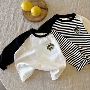 Cube Cool Handsome Print Pure Cotton Long Sleeves T-shirt Boys and Girls Stripes Contrast Color Stylish Niche Style Fashion Bottoming Shirt Fashion