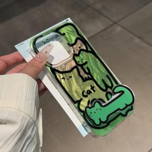 Green Line Cat Design Mobile Phone Case for Xiaomi 15 13x 12s Redmi K70 K60 K40 Cartoon Cute Note14 13 12TURBO with Stand Transparent pro Cover