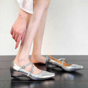 CAIZINI | French Style Soft Silvery Fold Crisscross Mary Jane Pumps Sheepskin