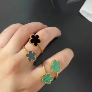 New Design Classic Luxury Stainless Steel Laser Double Flowers Open Ring Temperament For Woman Party Jewelry Daily Wear Clover