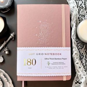 BUJO A5 Dot Notebook – Hardcover Dotted Journal 180gsm Thick Paper Silver Edges Flat Lay Design 3 Ribbons