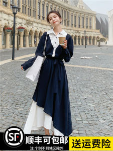 Polo Collar Asymmetrical Shirt Dress Womens Spring Autumn New Style Elegant Maturity Slimming Long Skirt High Waist Long Sleeve