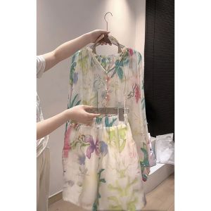 French Iris Floral Print Casual Fashion Set Women Summer Thin Long Sleeve Shirt Shorts Two Piece Suit V Neck Button up Top